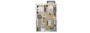 A top-down view of a small, neatly organized apartment with a kitchen, living room, and bathroom.