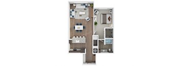 A top-down view of a small apartment with a living room, kitchen, and bathroom.