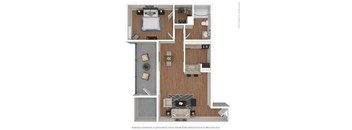 a stylized floor plan with a bedroom and a living room