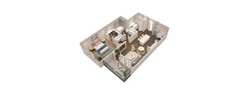 A 3D image of a house layout with a bedroom, living room, kitchen, and bathroom.