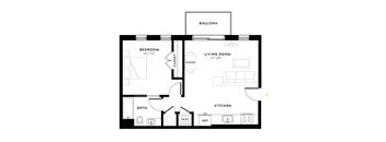A black and white image of a floor plan for a home with a bedroom, living room, kitchen, bathroom, and balcony.