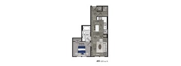 A floor plan of an apartment with a kitchen, living room, and bathroom.