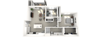 A 3D floor plan of a house showing a kitchen, living room, and bedrooms.