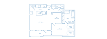A floor plan of a house with a living area, kitchen, bathroom, and bedrooms.