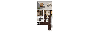 A top-down view of a small apartment with a living room, kitchen, and bathroom.