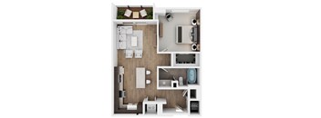 A top-down view of a small apartment with a living room, kitchen, and bathroom.