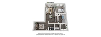 A 3D floor plan of a small apartment with a kitchen, living room, and bedrooms.