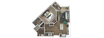 A 3D floor plan of a house showing a kitchen, living room, and two bedrooms.