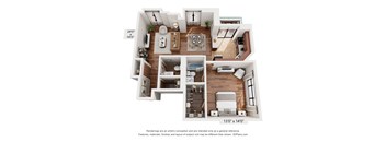 A 3D floor plan of a house with a kitchen, living room, and two bedrooms.