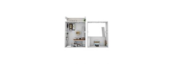 a stylized rendering of a bedroom and a kitchen in a house