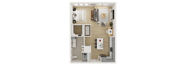 A top-down view of a small, neatly organized apartment.