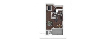 A floor plan of a small apartment with a kitchen, living room, and bathroom.