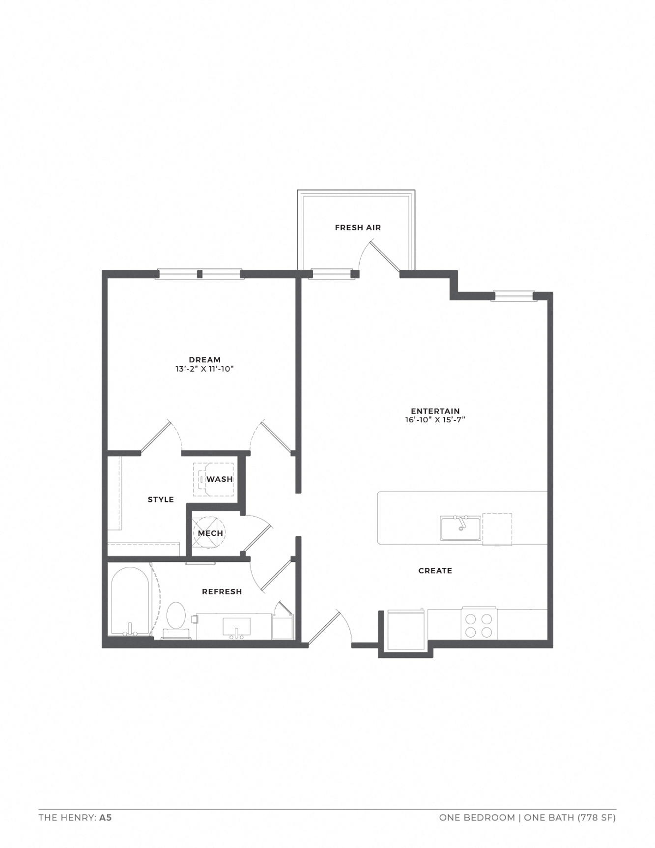 A floor plan of a one bedroom apartment with a bath.