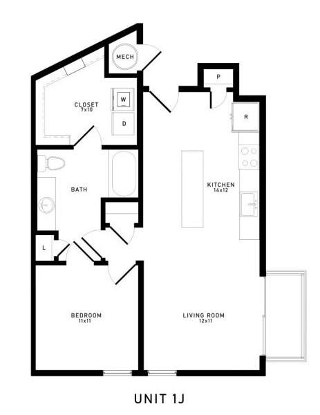 A black and white image of a floor plan for Unit 1J.