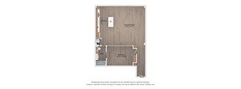 A floor plan of a small apartment with a kitchen, bathroom, and bedroom.