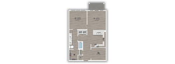 A floor plan of a house with a kitchen, living room, and bathroom.