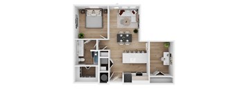 A top-down view of a small apartment with a kitchen, living room, and bedroom.