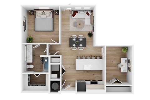 A top-down view of a small apartment with a kitchen, living room, and bedroom.