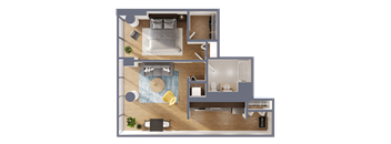 A top-down view of a house layout with a living room, two bedrooms, a kitchen, and a bathroom.