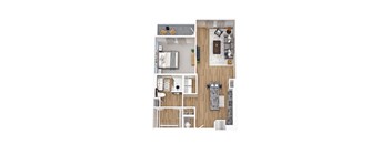 A floor plan of a small apartment with a kitchen, living room, and bathroom.