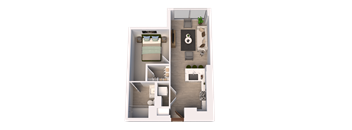 A 3D floor plan of a small apartment with a bedroom, living room, and kitchen.