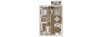 A floor plan of a house with a kitchen, living room, and bathroom.