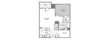A floor plan of a home with a living area, kitchen, and bedrooms.