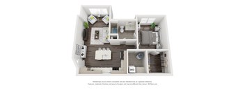 A 3D floor plan of a house with a kitchen, living room, and bathroom.