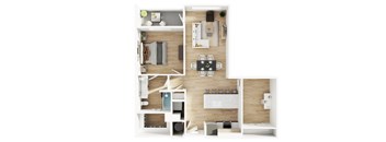 A top-down view of a modern apartment layout.