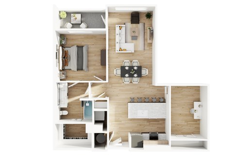 A top-down view of a modern apartment layout.
