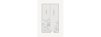 A floor plan of a room with a bedroom, living room, bath, closet, and kitchen.