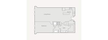 A floor plan of a small apartment with a living room, bedroom, kitchen, and bathroom.
