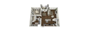 A 3D floor plan of a small apartment with a bedroom, living room, and kitchen.