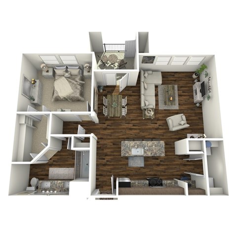 A 3D floor plan of a small apartment with a bedroom, living room, and kitchen.