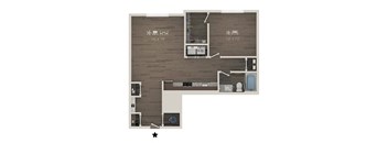 A floor plan of a room with a kitchen, living room, and bathroom.