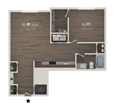 A floor plan of a room with a kitchen, living room, and bathroom.