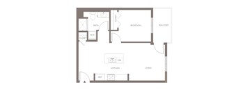 A floor plan of a house with a living room, kitchen, bathroom, bedroom, and closet.