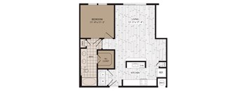 A floor plan of a room with a bedroom, bathroom, kitchen, and closet.