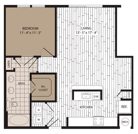 A floor plan of a room with a bedroom, bathroom, kitchen, and closet.