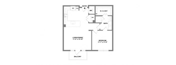 A floor plan of a small apartment with a living area, a bedroom, a bathroom, and a balcony.
