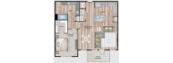 A floor plan of a house with a kitchen, bathroom, and bedroom.