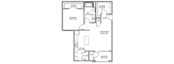 A floor plan of a small apartment with a living room, kitchen, bathroom, and bedroom.