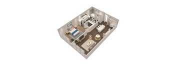 A 3D image of a small apartment with a bedroom, living room, and kitchen.