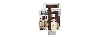 A top-down view of a small apartment with a kitchen, living room, and bathroom.