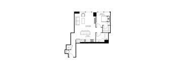 A floor plan of a small apartment with a living room, bedroom, and kitchen.
