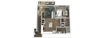 A 3D floor plan of a small apartment with a kitchen, living room, and bathroom.