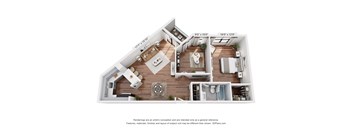 A 3D floor plan of a house with a kitchen, living room, and two bedrooms.