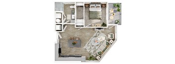 an overhead view of a bedroom with a bed and a living room