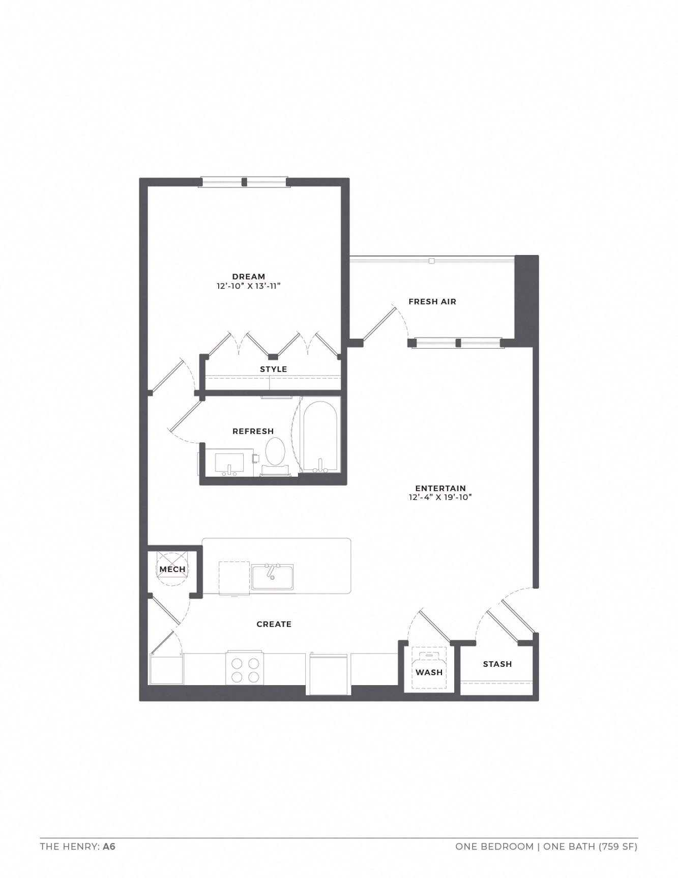 A floor plan of a one bedroom apartment with a bath.
