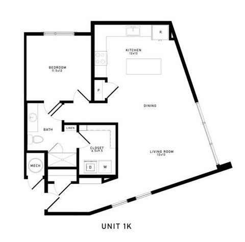 A black and white image of a floor plan for Unit 1K.